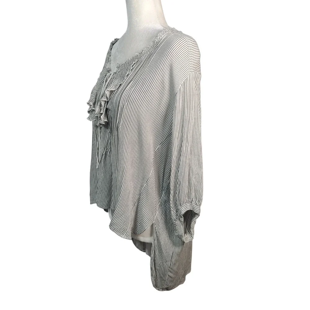 Free People Striped Ruffle Top Blouse Gray White Boho Oversized Coquette M/L